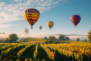 Obraz premium Hot Air Balloons Soaring Above Vineyards in the Morning