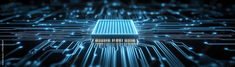 Poster a futuristic microchip surrounded by intricate circuits, symbolizing advanced technology and digital