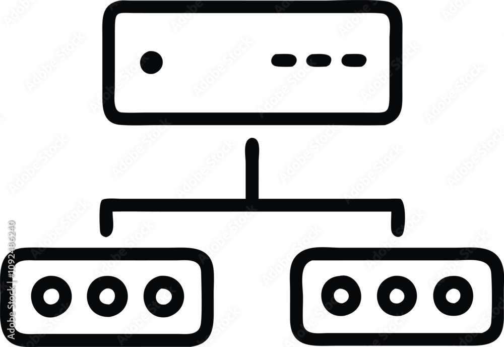 Poster minimalist server network diagram icon, black-and-white line art of a simple server network diagram 
