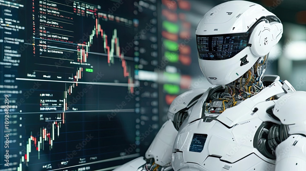 Poster Robot analyzing financial data on a digital screen.