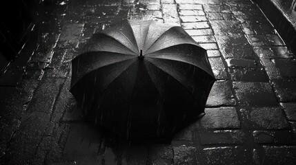 A lone black umbrella lies abandoned on a rain-soaked road, capturing the essence of solitude and melancholy in a dreary atmosphere
