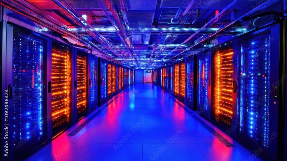 Poster Illuminated Server Racks Line A Modern Data Center Corridor