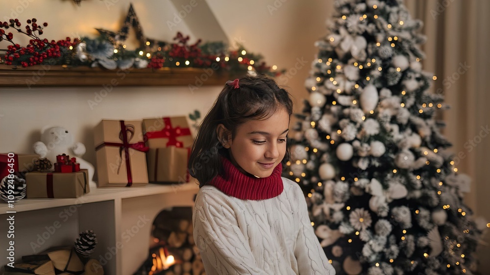 Wall mural Girl near the Christmas tree 