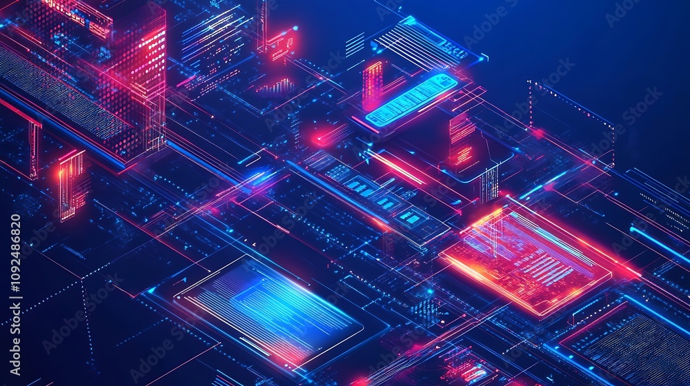 Poster abstract digital cityscape: neon-lit futuristic architecture and data streams.