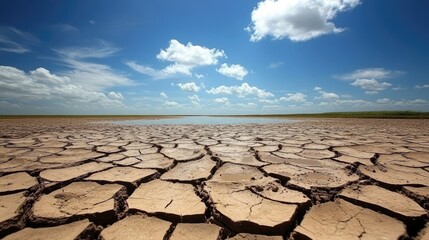 Cracked Earth Landscape Under Blue Sky with Fluffy Clouds Highlighting Drought Conditions and Climate Change Effects on Natural Environment