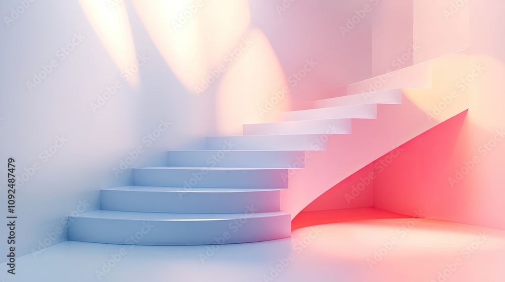 Poster modern abstract stairs in minimalist interior with soft lighting and gradient colors, creating a ser