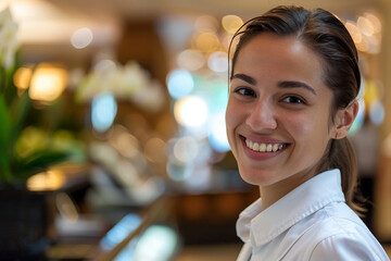 Obraz premium Generative AI Image of Smiling Female Receptionist at Hotel Lobby Desk