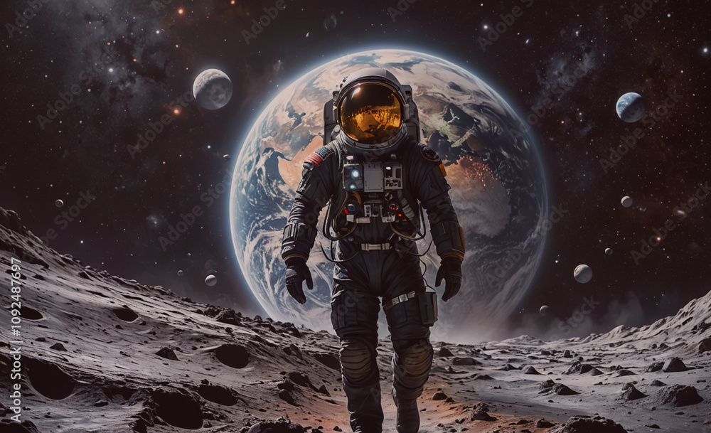 Poster man in a space suit is walking on a planet. the planet is surrounded by many small rocks