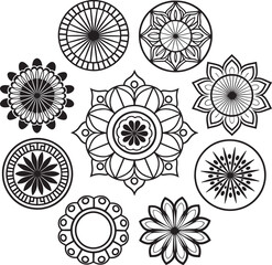 A black and white set mandala silhouette design icon logo vector illustration with white background