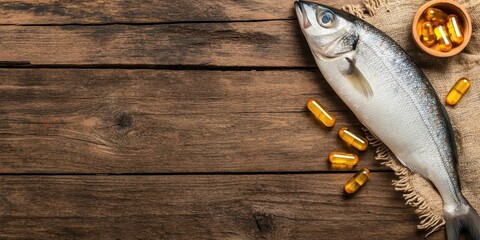 Fresh Fish and Omega 3 Supplements, Healthy Eating and Nutrition Concept