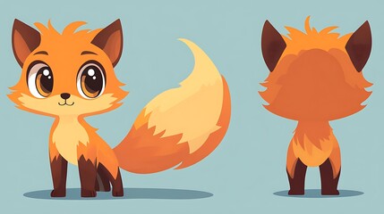Obraz premium A Cute Cartoon Fox with Big Eyes, Front and Back Views