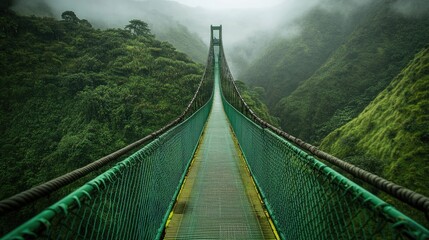 Obraz premium Serene Suspension Bridge Surrounded by Lush Green Mountains Under a Misty Sky in Nature's Tranquil Setting, Evoking Adventure and Exploration