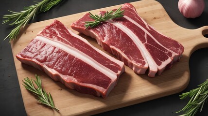 Fototapeta premium Two raw beef steaks on wooden board with rosemary and garlic.