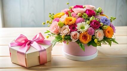 Exquisite Floral Arrangement in a Round Box with Pink Gift Box on a White Table, Perfect for Holiday, Birthday, Wedding, Mother&rsquo;s Day, Valentine&rsquo;s Day, and Women&rsquo;s Day Celebrations