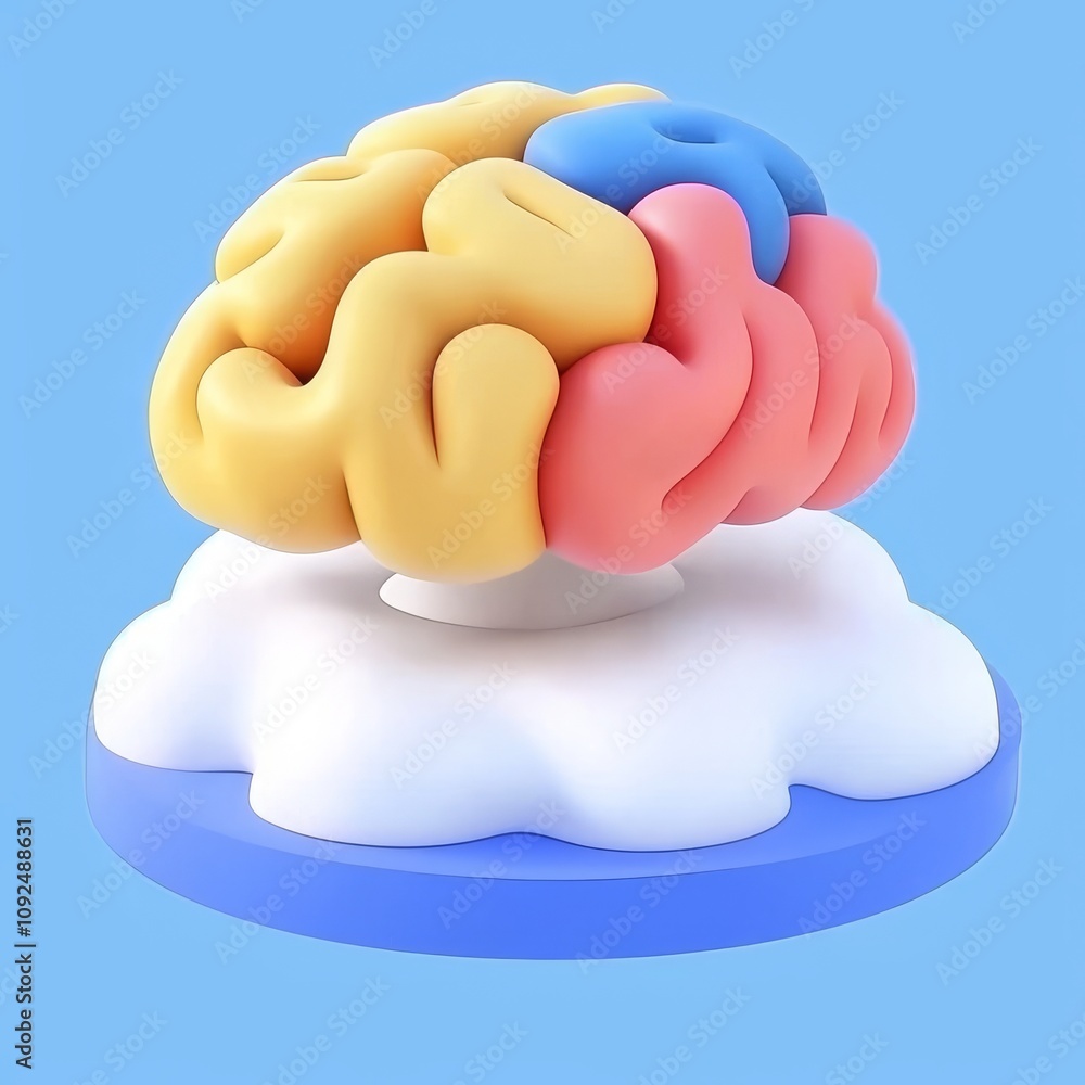 Poster creative notion, multi-colored brain rocket on a blue background. simple concept. 3d rendering.