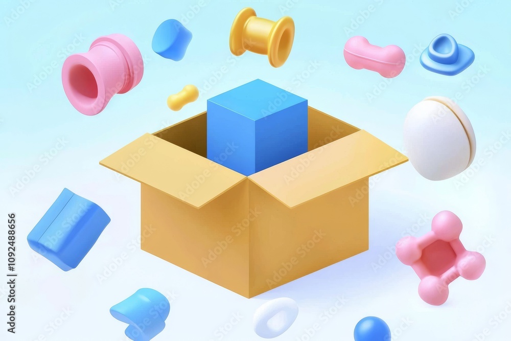 Poster a neon-lit background with isometric 3d render of abstract geometric cubes in various colors.