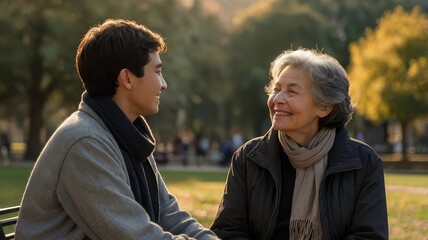 Fototapeta premium Young man and senior woman conversing on a park bench during autumn.