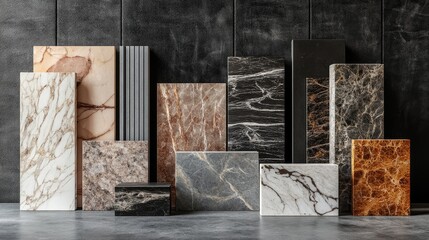 Collection of Various Marble and Stone Samples Displayed on a Modern Surface with Textured Background for Interior Design Inspiration and Material Selection