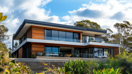 Fototapeta premium Contemporary House in Australian Style Under a Blue Sky, Featuring Modern Architecture and Open Space Living