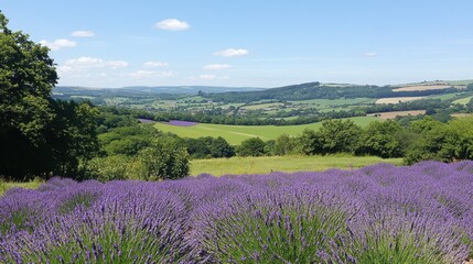 Fototapeta premium Breathtaking Lavender Fields Under Clear Blue Sky with Rolling Hills and Lush Green Landscapes in the Distance, Evoking Tranquility and Natural Beauty