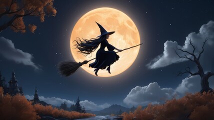 Fototapeta premium A young witch flies on a broomstick in front of a large full moon at night.