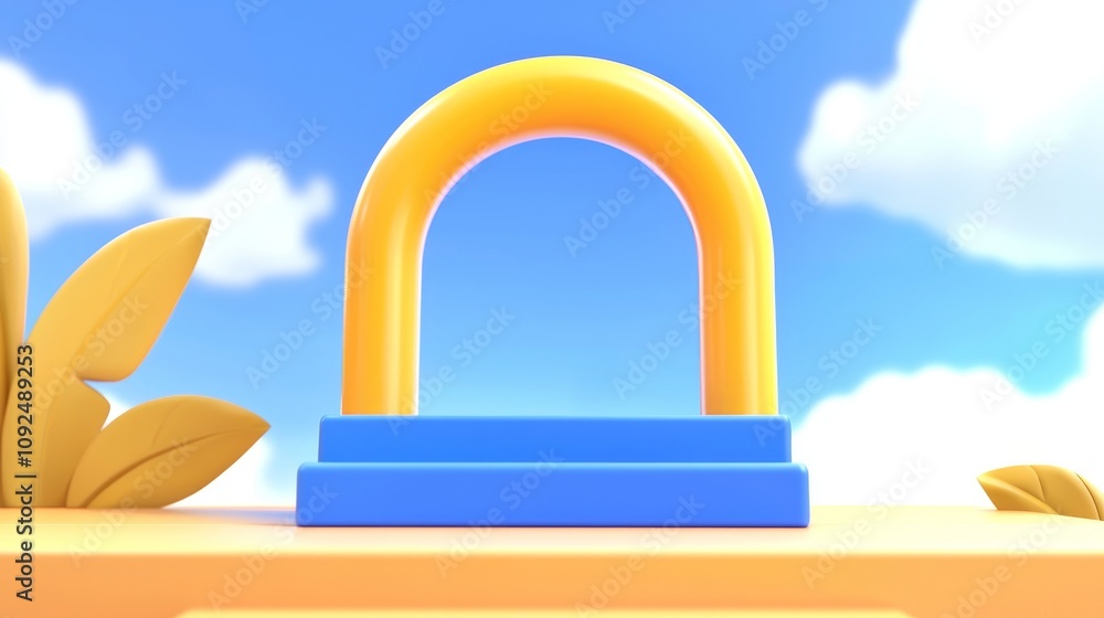 Poster an abstract minimal 3d render with a blue and yellow background, highlighted by a white cloud and ar