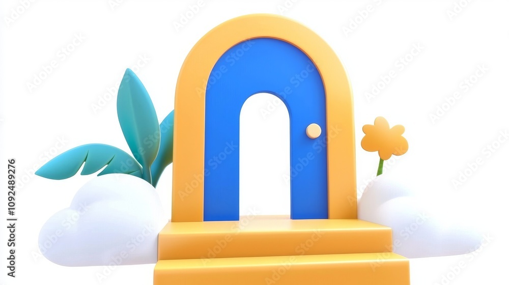 Poster a 3d render featuring an abstract minimal background in blue and yellow, with a white cloud and arch