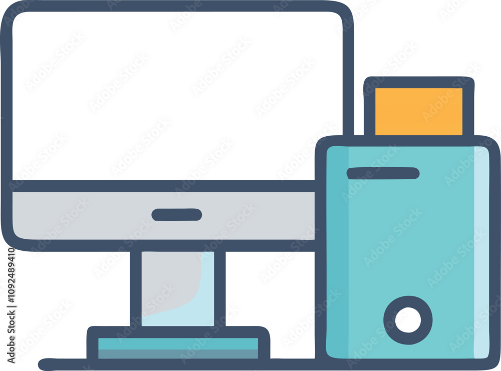 Poster colorful desktop computer and tower icon, illustration of a desktop computer with a monitor and towe