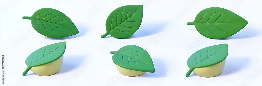 Poster create a collection of 3d realistic green leaves in various shapes, styled in a minimalistic cartoon