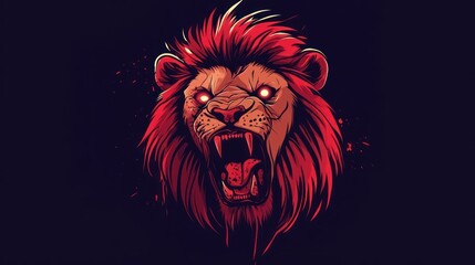 Obraz premium A digitally illustrated lion with red fur, a fierce expression, and glowing eyes, on a dark background.