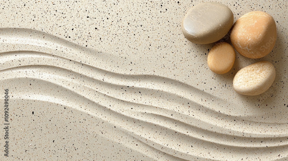 Poster tranquil spa scene with soft lines in natural stone surface and smooth pebbles for calmness and rela