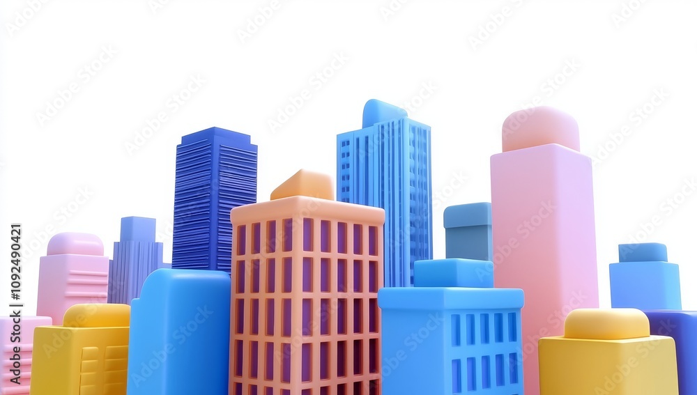 Aufkleber a three-dimensional render featuring colorful abstract buildings with geometric shapes.