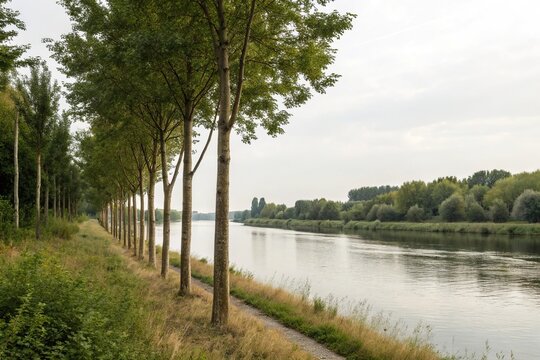 Simple linear trees create a sense of balance on a minimalist riverbank, minimalist, nature
