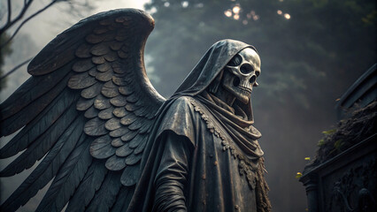 Fototapeta premium iron death angel with skull face. angel of death illustration. made with generative Ai. angel of death, hellfire, skeleton, fantasy character, art illustration