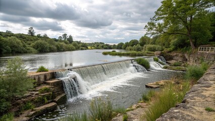 Obraz premium Small dam with a tiny waterfall in the foreground, peaceful landscape, lake
