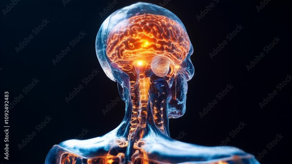 Poster exploring complexity of nervous system detailed 3d rendering of human brain and spinal cord, highlig