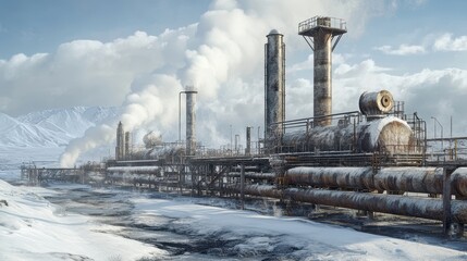 Obraz premium Geothermal Energy Extraction Operation Concept, Geothermal Extraction Facility Surrounded by Vast Piping Systems in a Snowy Landscape Showcasing Industrial Architecture and Environmental Interaction