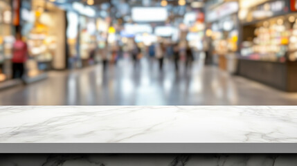 Marble countertop in bustling shopping mall with blurred crowd