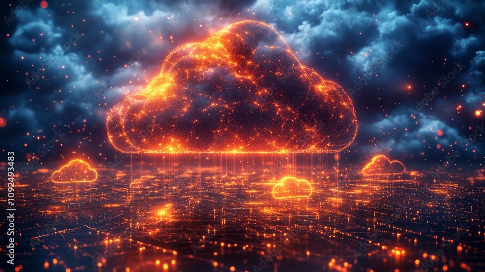 Poster futuristic cloud computing concept with glowing electric network and dramatic background, representi