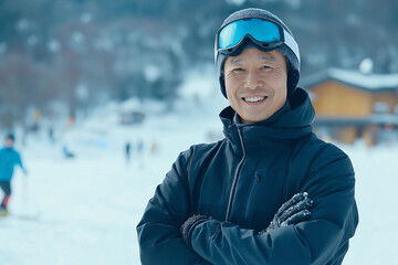 An Asian man, a ski instructor in sportswear, stands in front of the ski station. Ski concept, advertising banner.