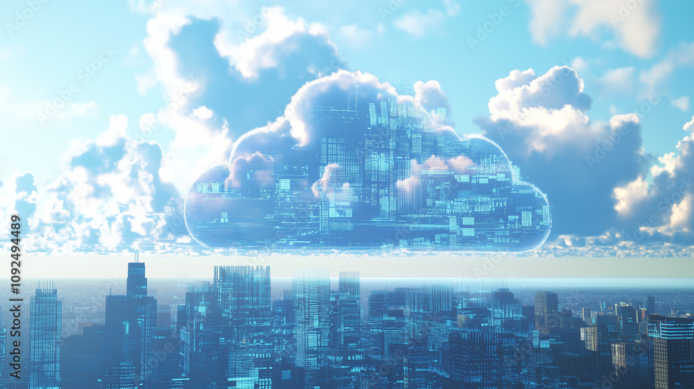 Poster cloud computing with smart city integration, featuring wireless internet, cloud storage, and iot com