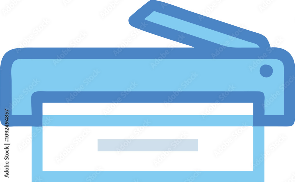 Poster Flatbed Scanner Icon with Open Lid, Simplified icon of a flatbed scanner with an open lid, symbolizing document and image scanning for office or home use in a compact design.
