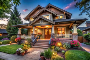 Obraz premium Stunning Long Exposure of a Classic Craftsman-Style Home Featuring a Welcoming Front Porch, Ideal for Real Estate Listings, Showcasing Architectural Beauty and Serenity