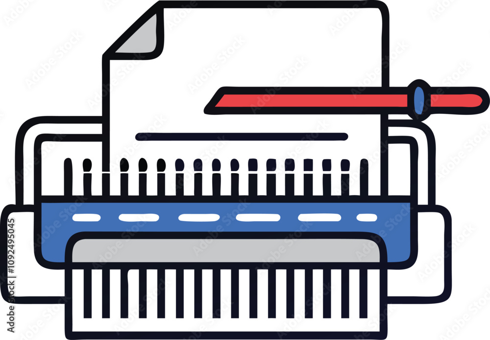 Poster binding machine icon with document and comb, colorful icon of a binding machine with a document and 