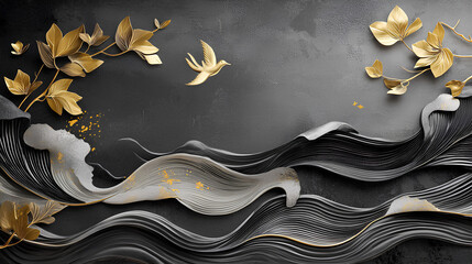 mural wallpaper.  leaves and golden waves in black and gray background 