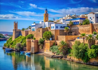 Naklejka premium Stunning View of the Kasbah of Udayas Under Bright Sunshine in Rabat, Morocco - Captivating Architectural Beauty and Scenic Landscape