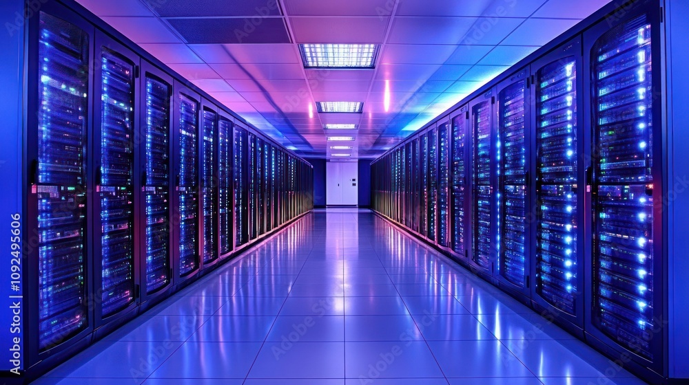 Poster Illuminated Server Room Rows Of Data Storage Units