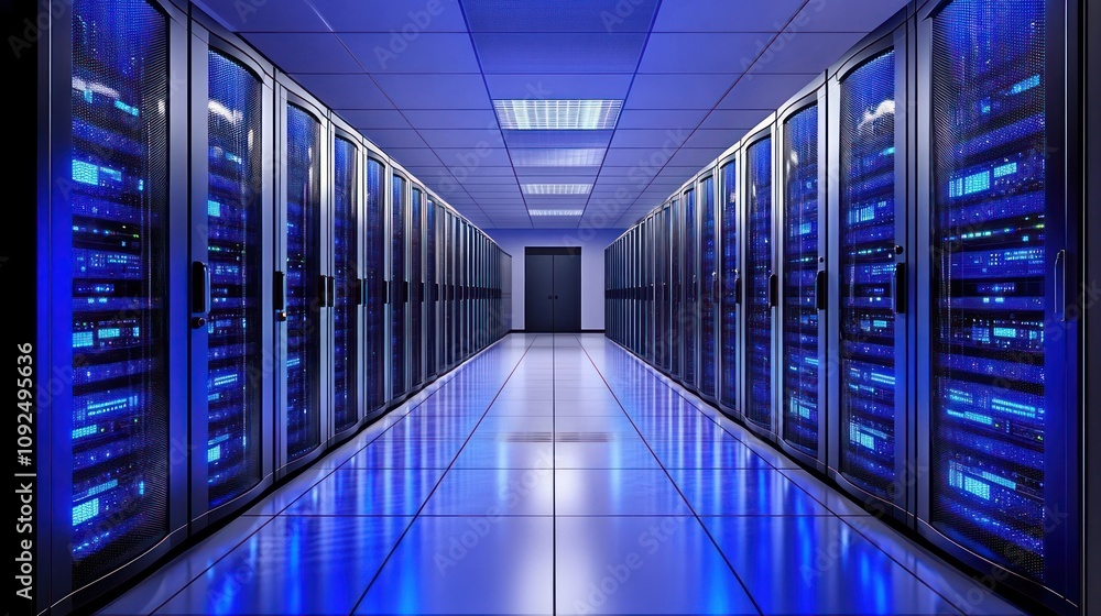 Poster Illuminated Server Room Data Center Corridor Rows