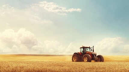 Fototapeta premium Tractor on wheat field with blue sky background.