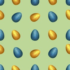 Peacock Blue and Golden Easter Eggs on Green Background Seamless Pattern